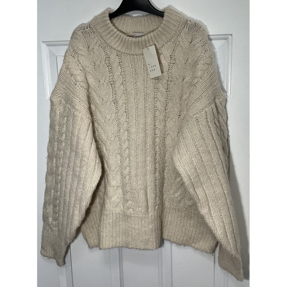 A New Day Cream Cable Knit Chunky Pullover Crewneck Sweater Women's Large